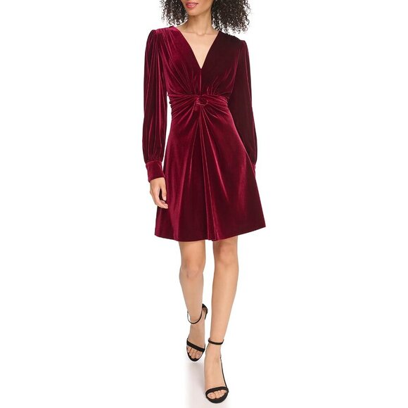 NWT Vince Camuto Velvet Twist-Front Long Sleeve Mini Dress in Wine Sz. 0 - Picture 1 of 3